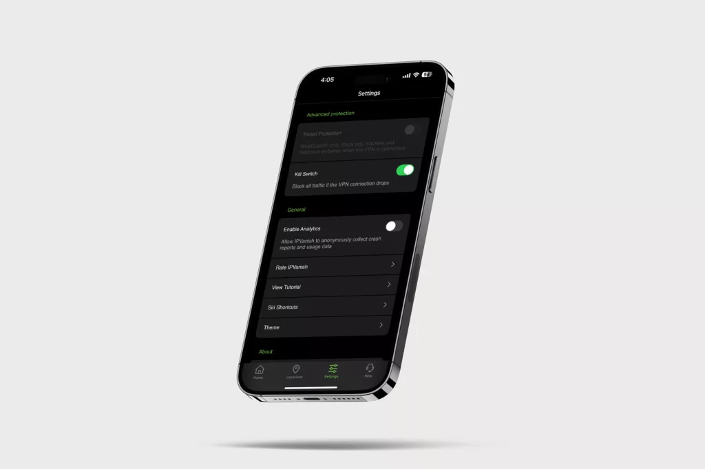 IPVanish VPN 杀开关在 iPhone 上的渲染图，背景为空白